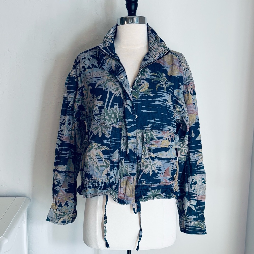 Gap Mockneck Drapey Utility Jacket Cotton Linen Blend, Aloha Tropical Print, Med - Picture 2 of 11